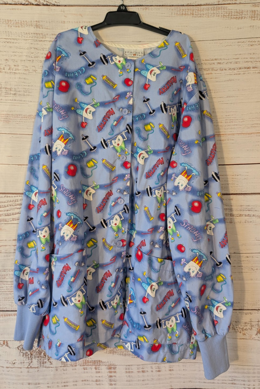 Peaches Vintage Dental Scrub Jacket Medium Blue Teeth Novelty Y2K Warm Up Top